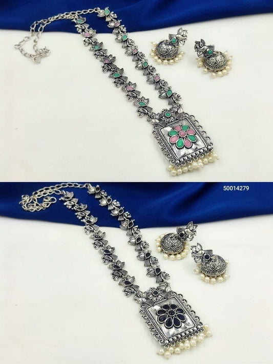 Oxidized brass Long Stone Necklace with Earrings